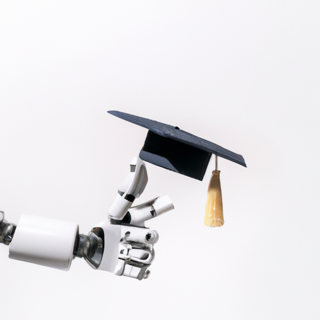 Main robotique portant un chapeau de diplômé, symbole d'éducation