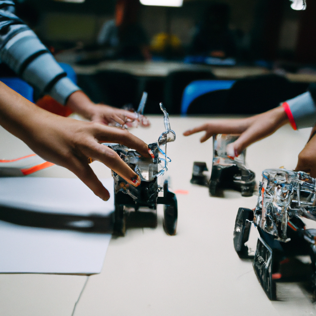 Élèves en atelier robotique, travaillant en équipe avec des robots éducatifs